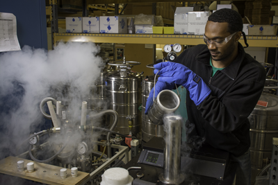 Pouring-LHe Technician pouring LHe into a Dewar